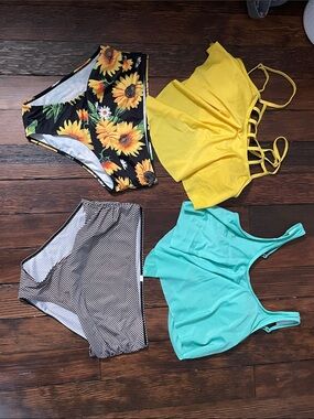 Yellow and Turquoise Women's Swim Tops with Sunflower High-Waist Bikini Bottoms